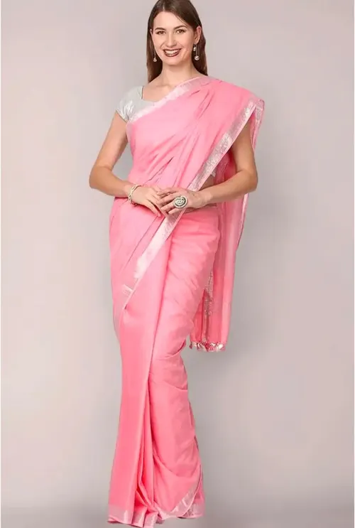 Elegant Pink Cotton Saree with Silver Zari Border